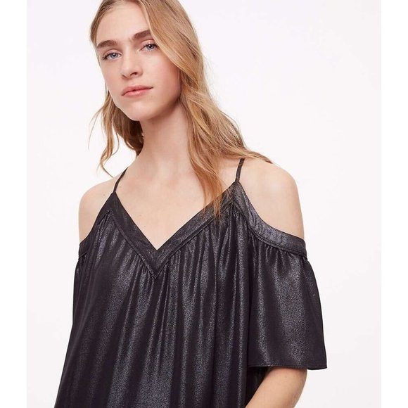 "LOFT" BLACK SHIMMER COLD SHOULDER SWING TRAPEZE MINI METALLIC DRESS SZE: MP NWT - Picture 2 of 6